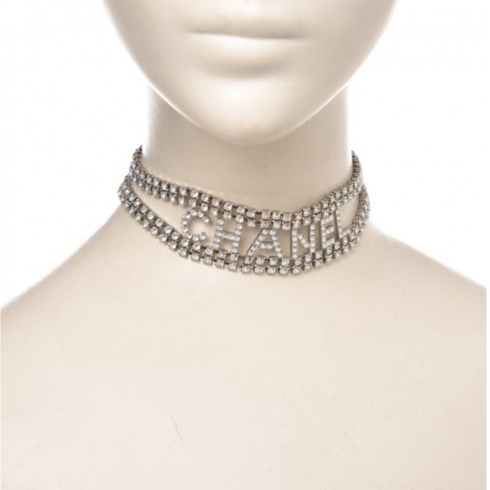 Authentic Chanel Crystal Logo Choker Necklace Silver